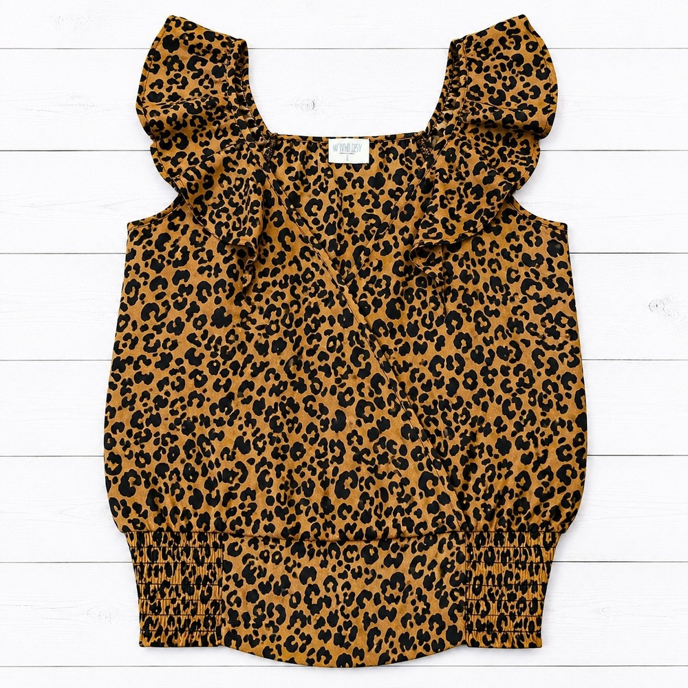 Sienna Sky Leopard‎ Print Ruffle Sleeve Smocked Hem Surplice Top Small Mob Wife